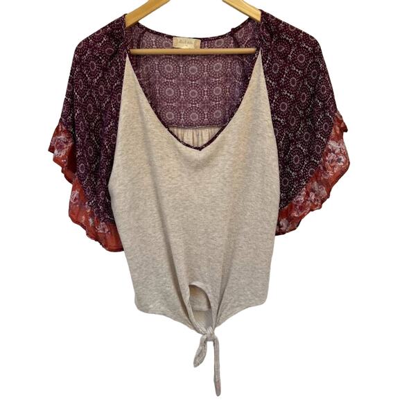 Altar'd State Top Fun Pattern Ruffle Sleeves Ties in Front Women's MEDIUM - Picture 1 of 5
